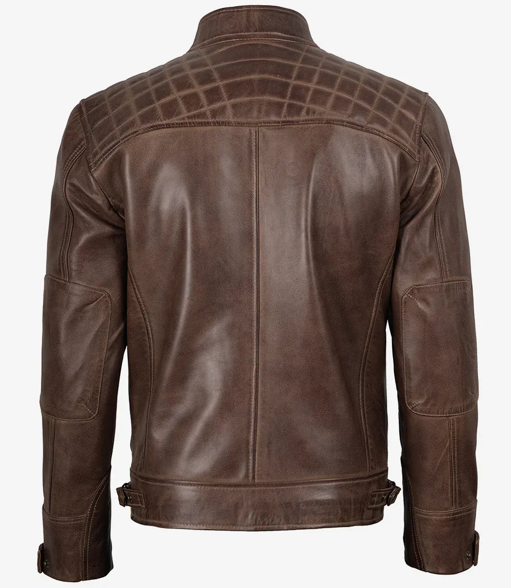 Men's Chocolate Brown Leather Jacket - Quilted Shoulders