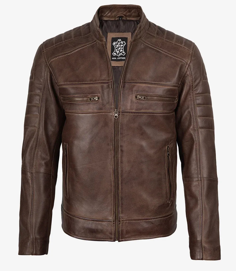 Men’s Coffee Brown Waxed Leather Jacket - Biker Style
