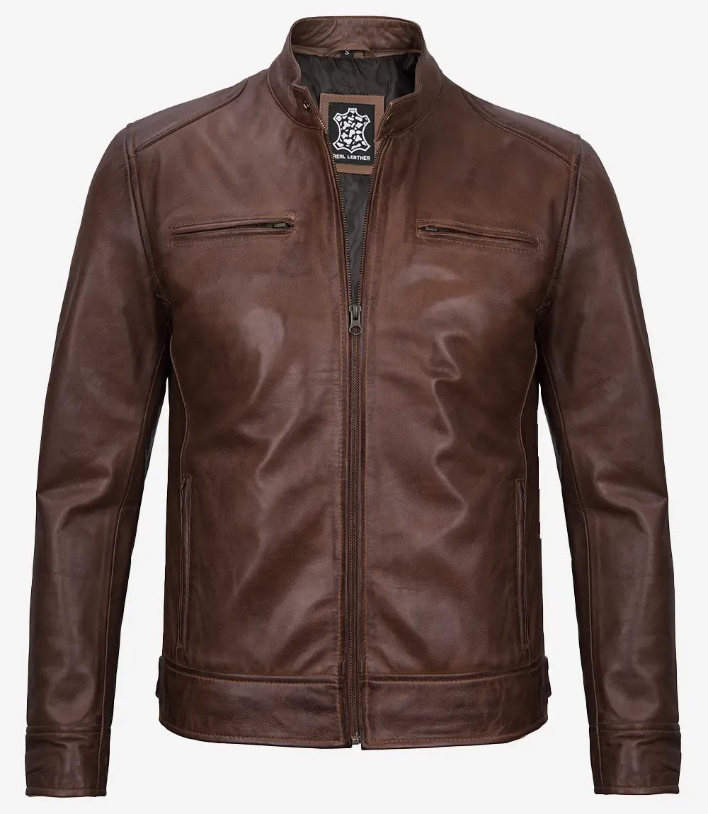 Men's Cognac Waxed Biker Style Leather Jacket