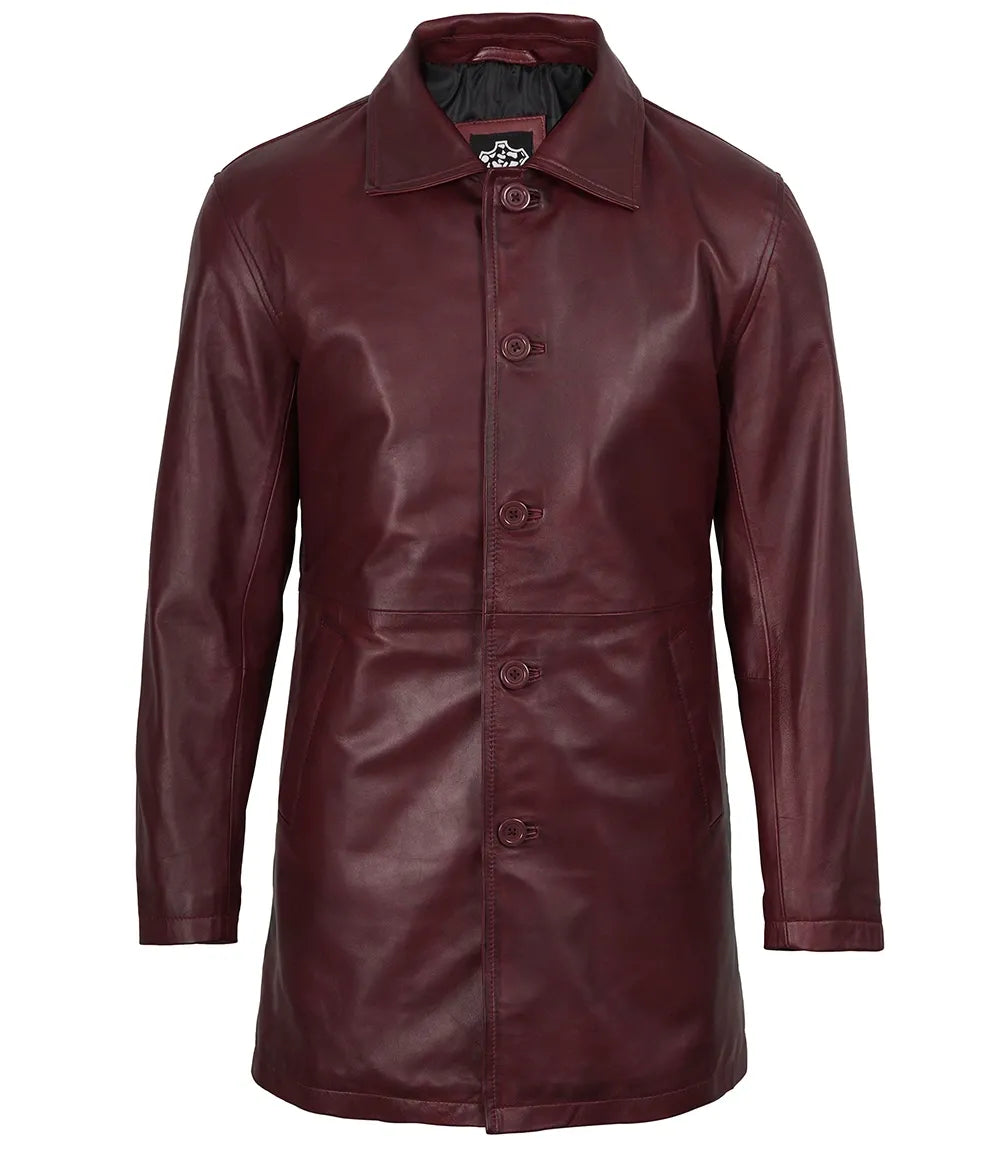 Men's Real Leather 3/4 Length Burgundy Coat