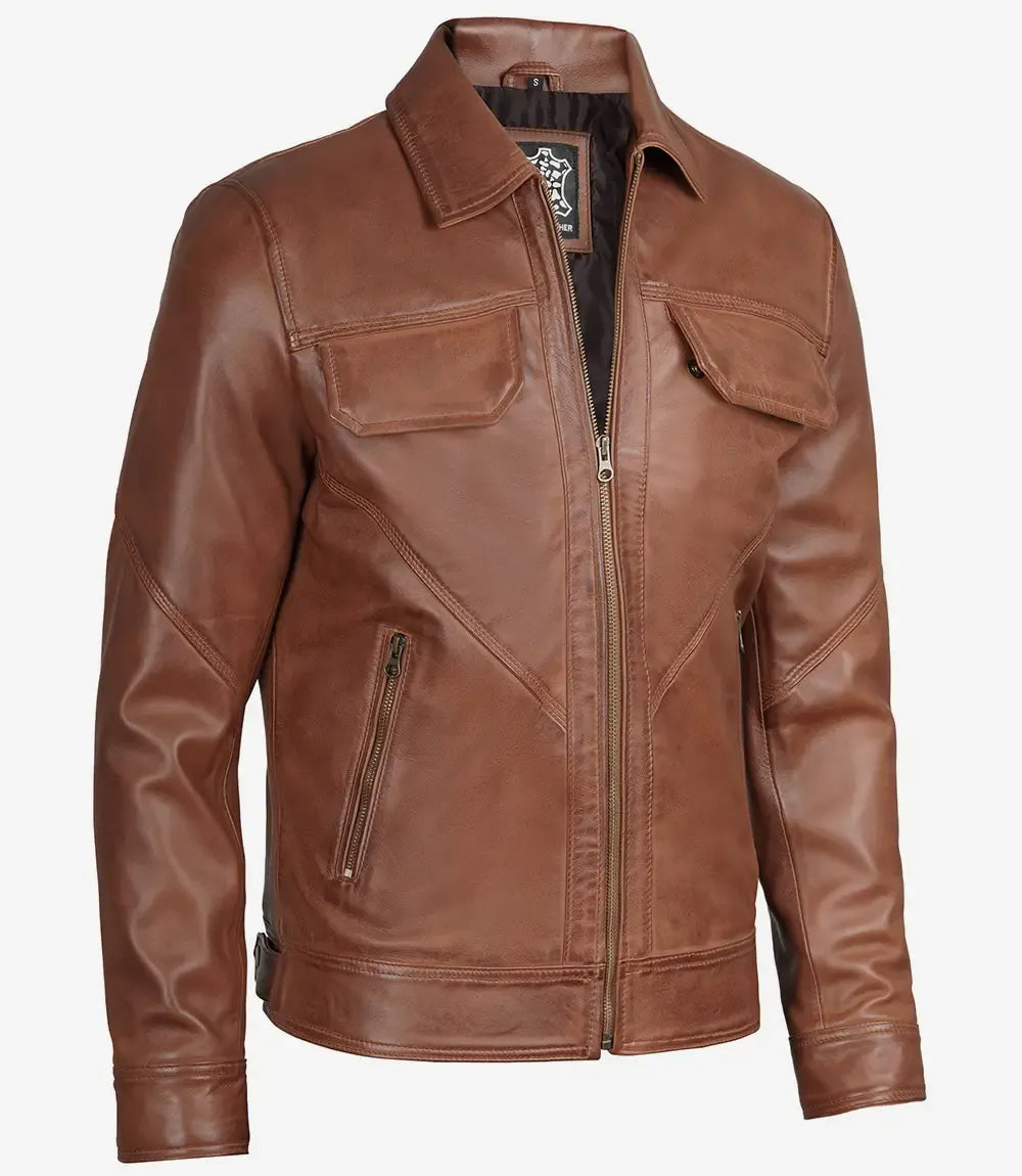 Men's Classic Shirt Collar Cognac Trucker Leather Jacket
