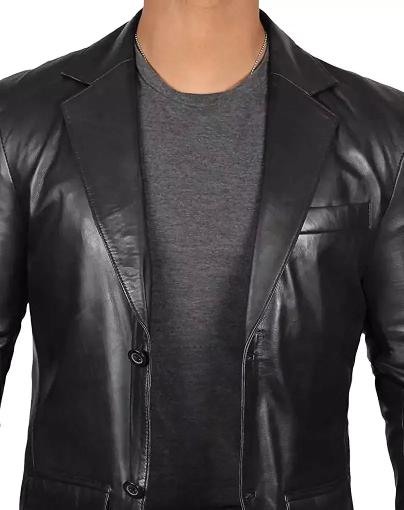 Mens Tall Two Button Black Leather Blazer