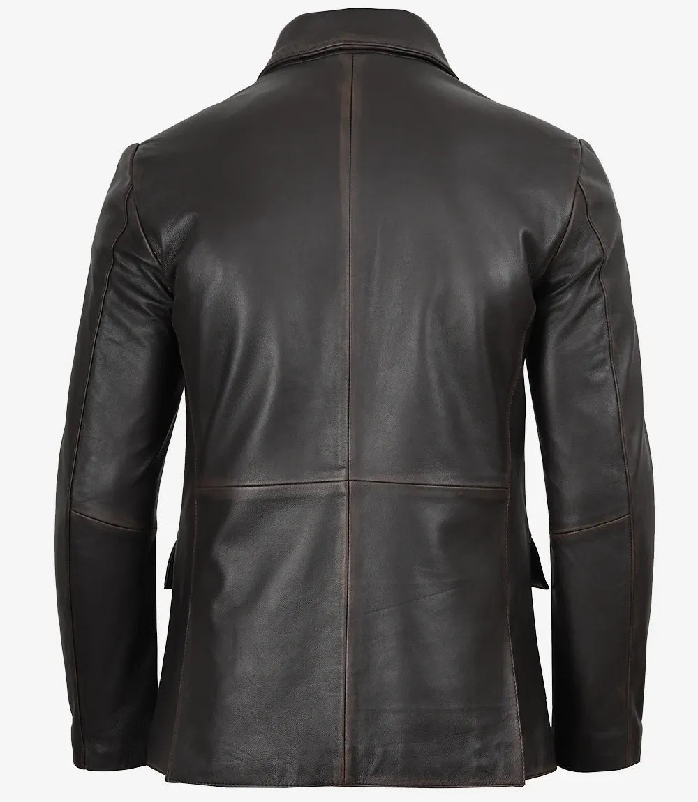 Mens Real Leather Distressed Brown Blazer - Two Button Closure
