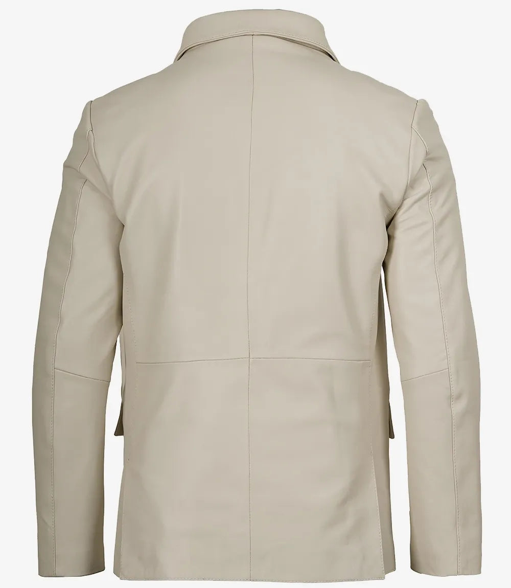 Men's Real Leather Two Button Off White Blazer - Notch Lapel