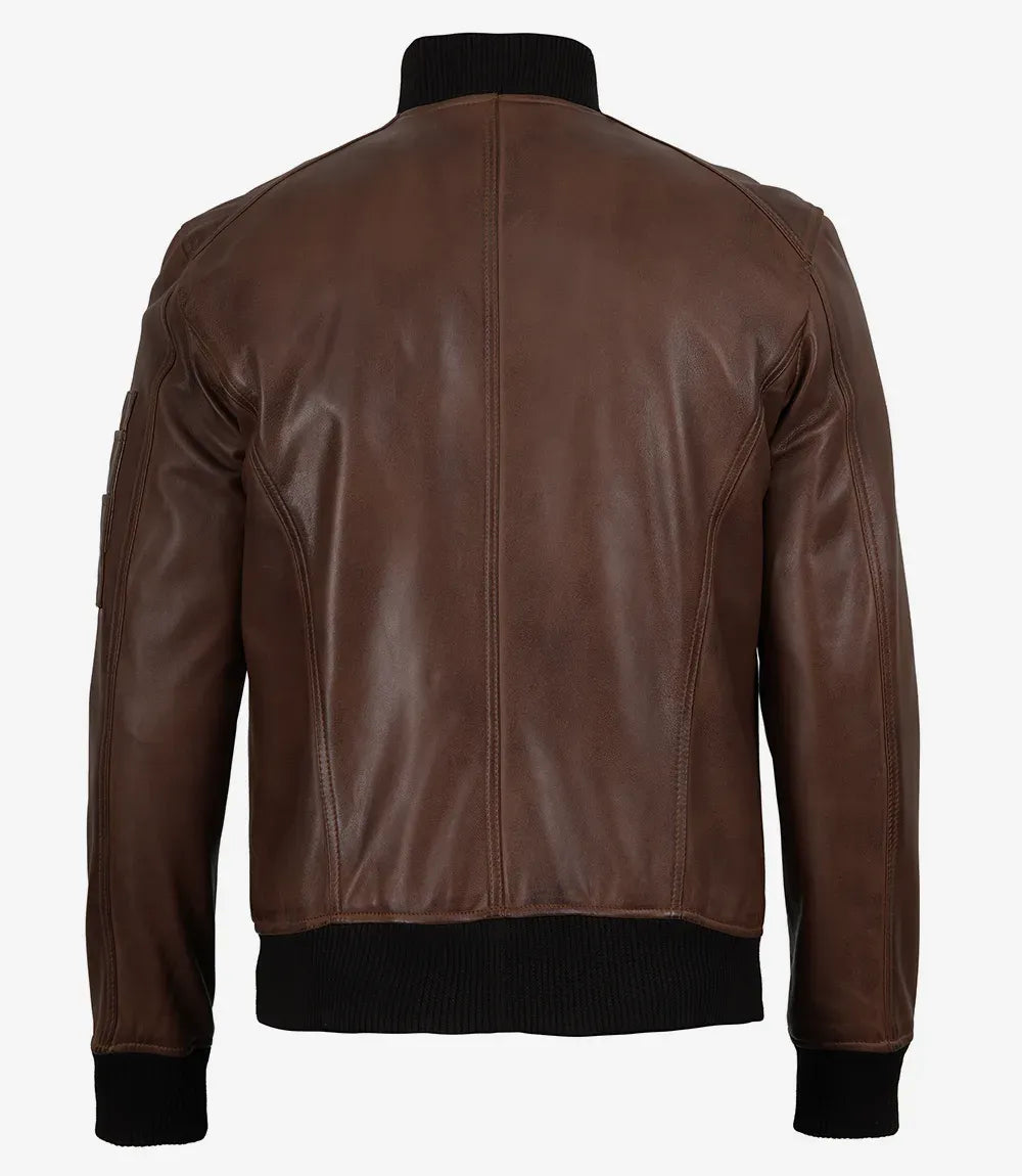 Men's Cognac Waxed Real Leather Bomber Jacket