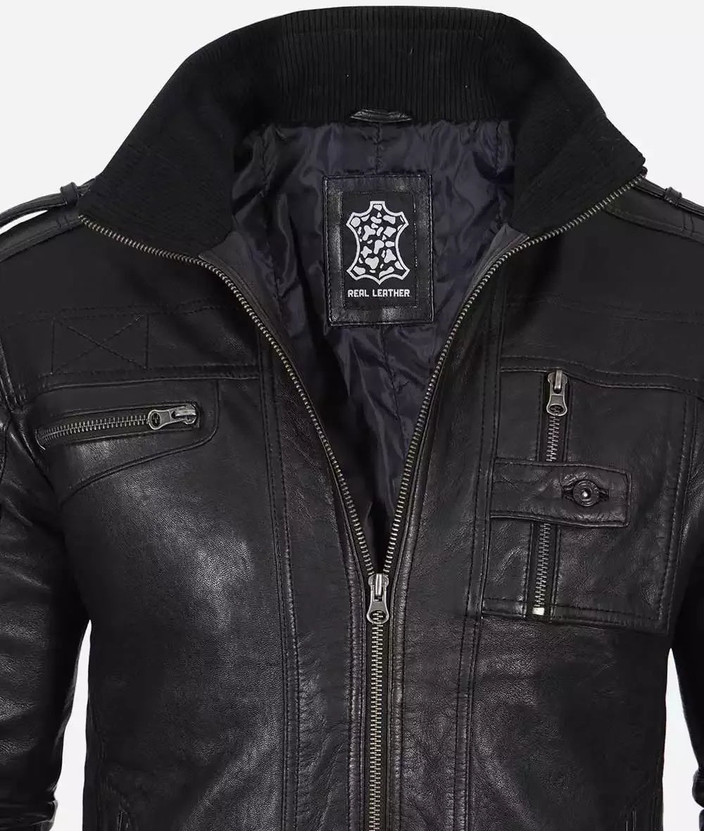 Men's Black Washed Leather Biker Style Jacket