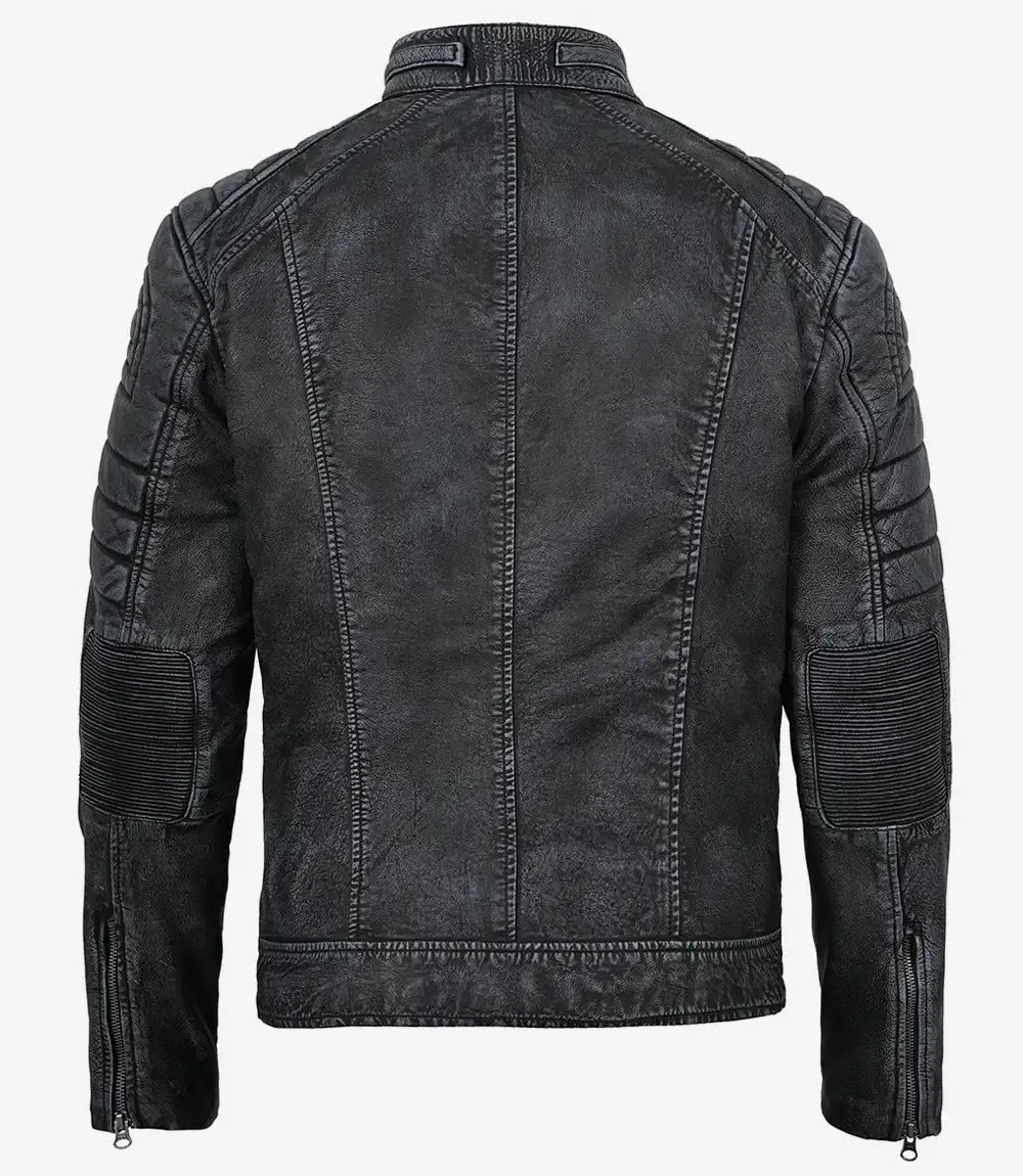 Men's Distressed Washed Black Leather Cafe Racer Jacket