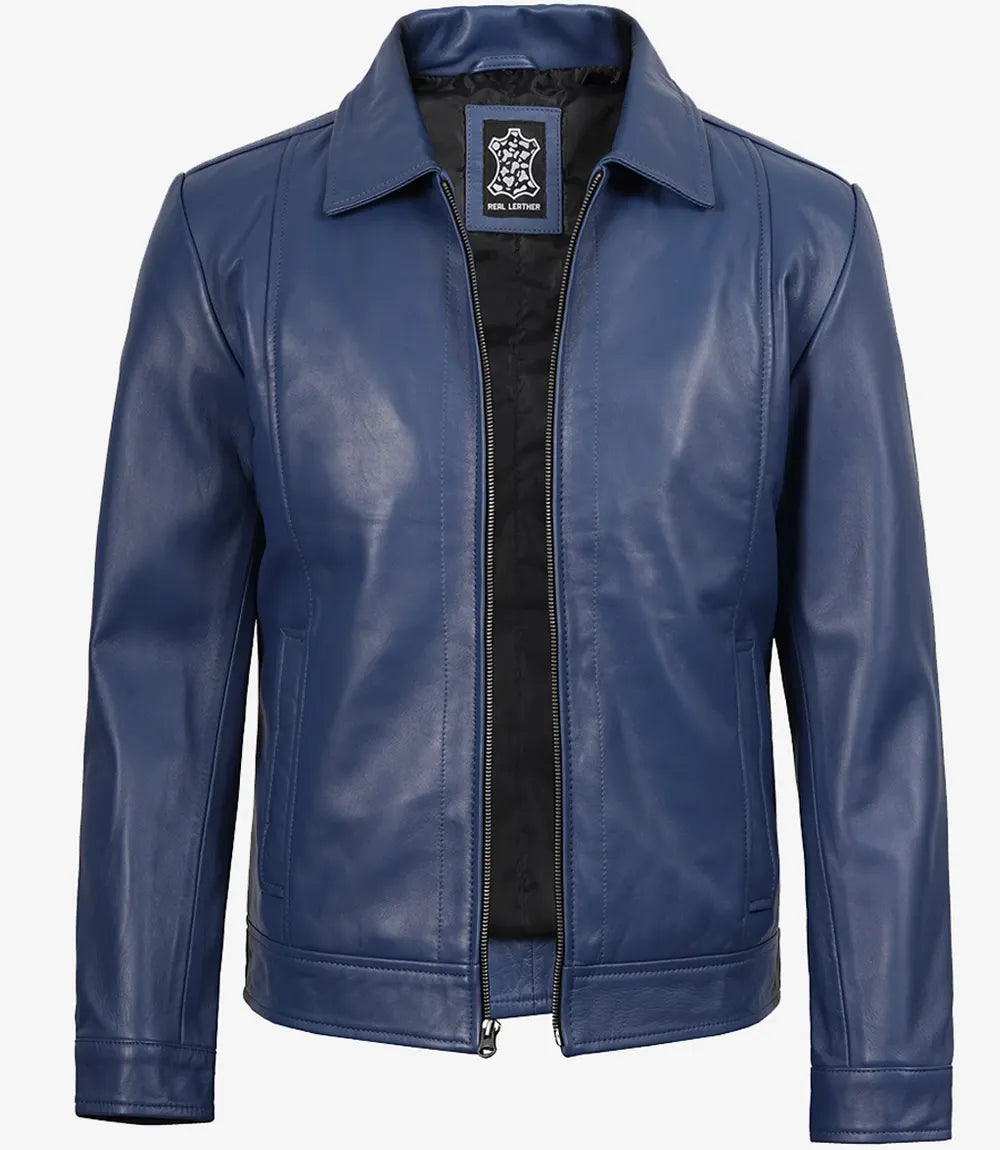 Men's Real Leather Blue Harrington Jacket