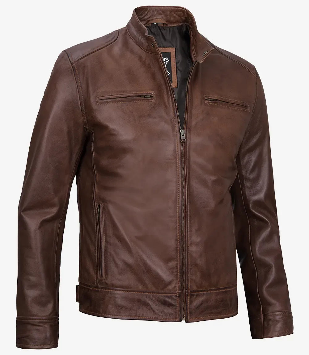 Men's Cognac Waxed Biker Style Leather Jacket