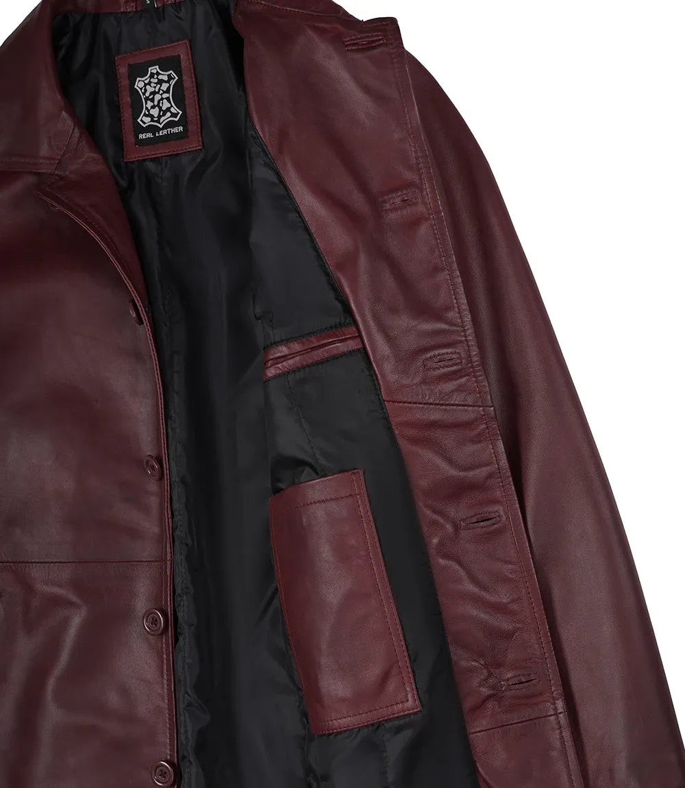 Men's Real Leather 3/4 Length Burgundy Coat