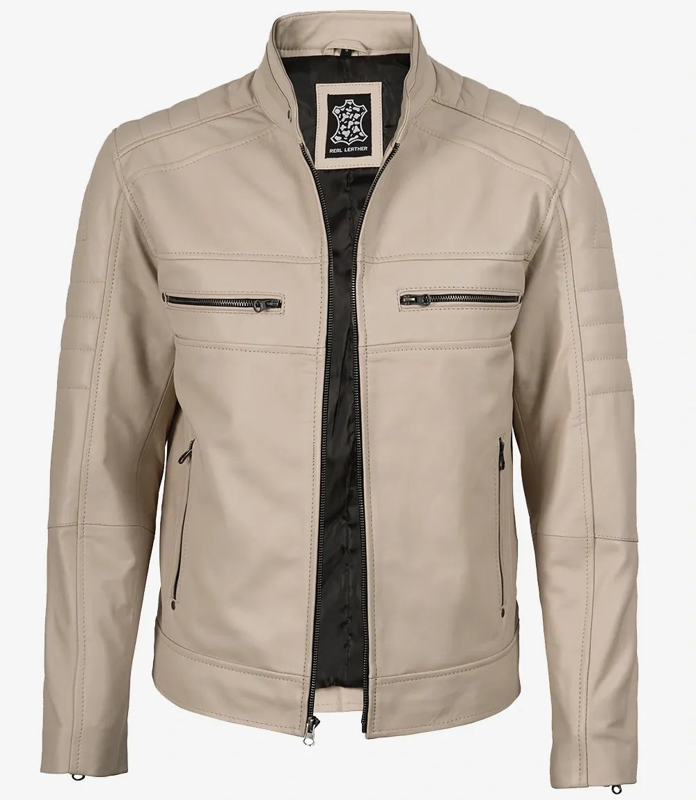 Mens Mandarin Collar Beige Leather Jacket - Biker Style