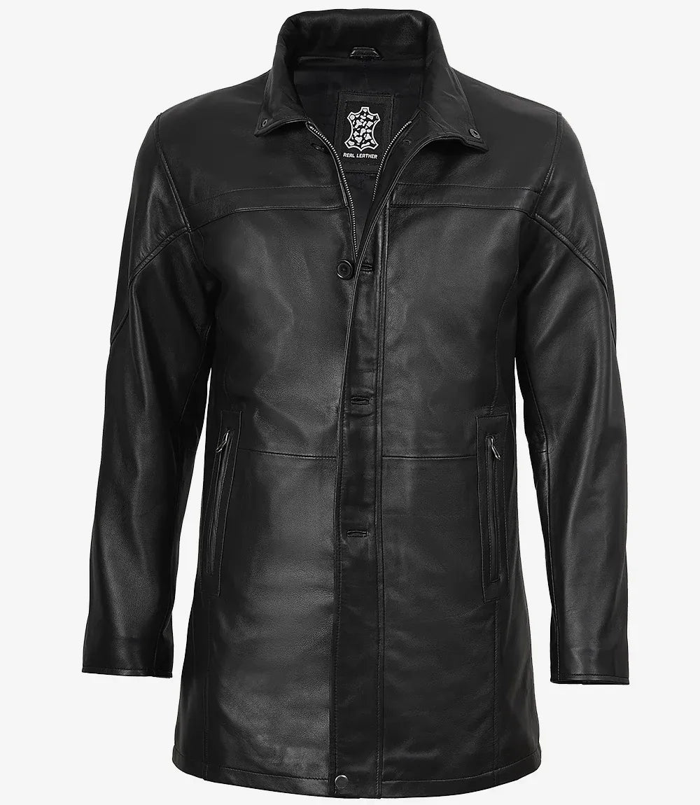 Men's Tall Black 3/4 Length Leather Coat