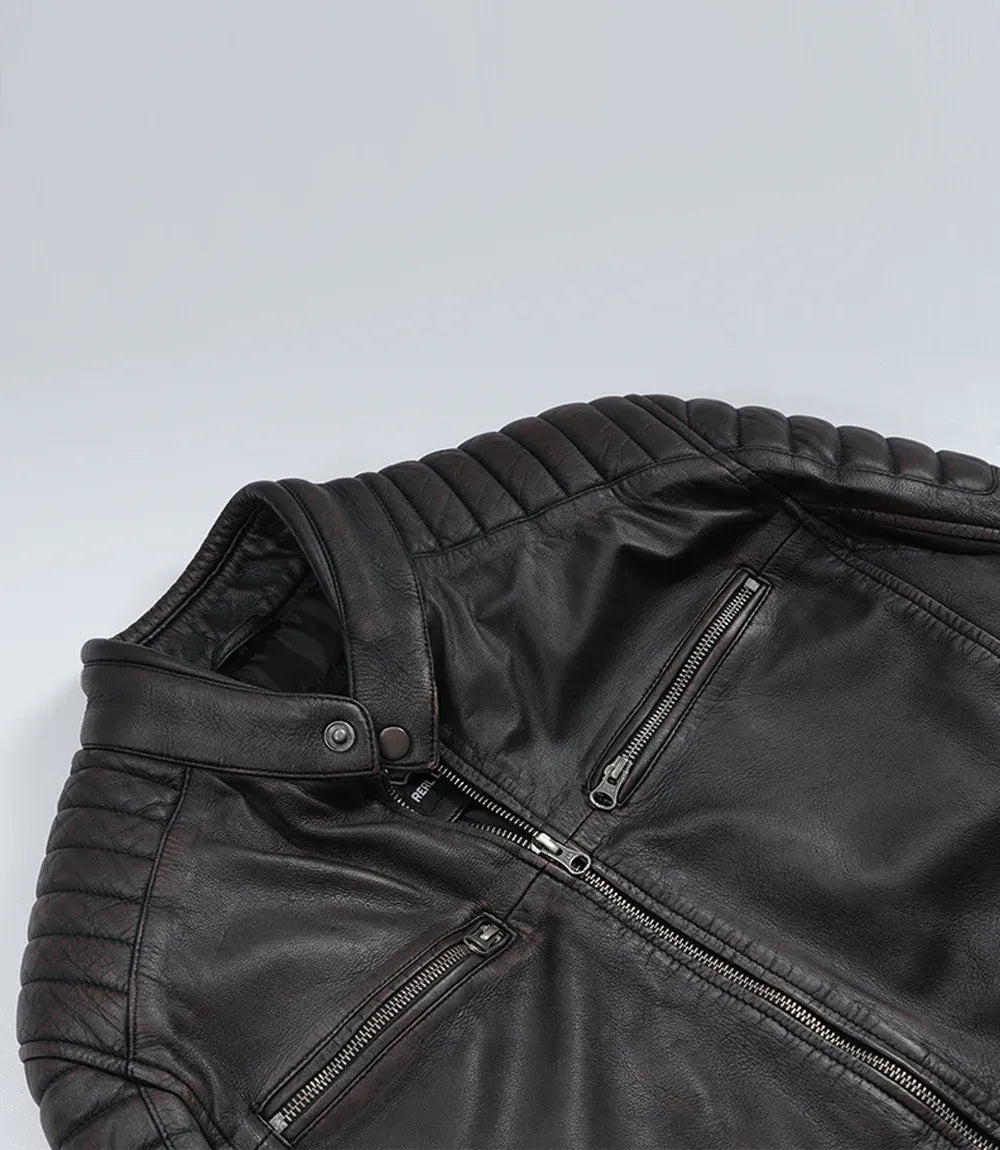 Mens Black Washed Maroon Tone Cafe Racer Leather Jacket