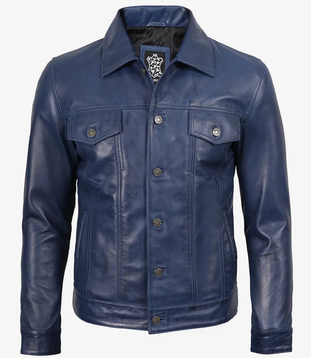 Mens Real Lambskin Leather Blue Waxed Trucker Jacket