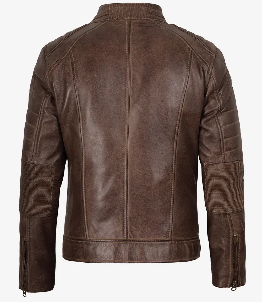 Men’s Coffee Brown Waxed Leather Jacket - Biker Style