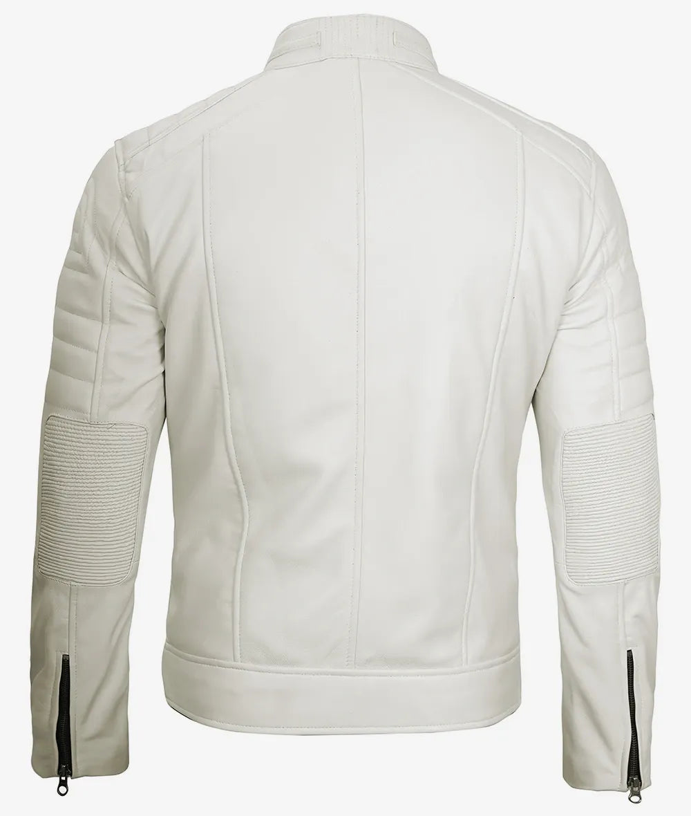 Mens Off White Biker Style Leather Jacket - Mandarin Collar