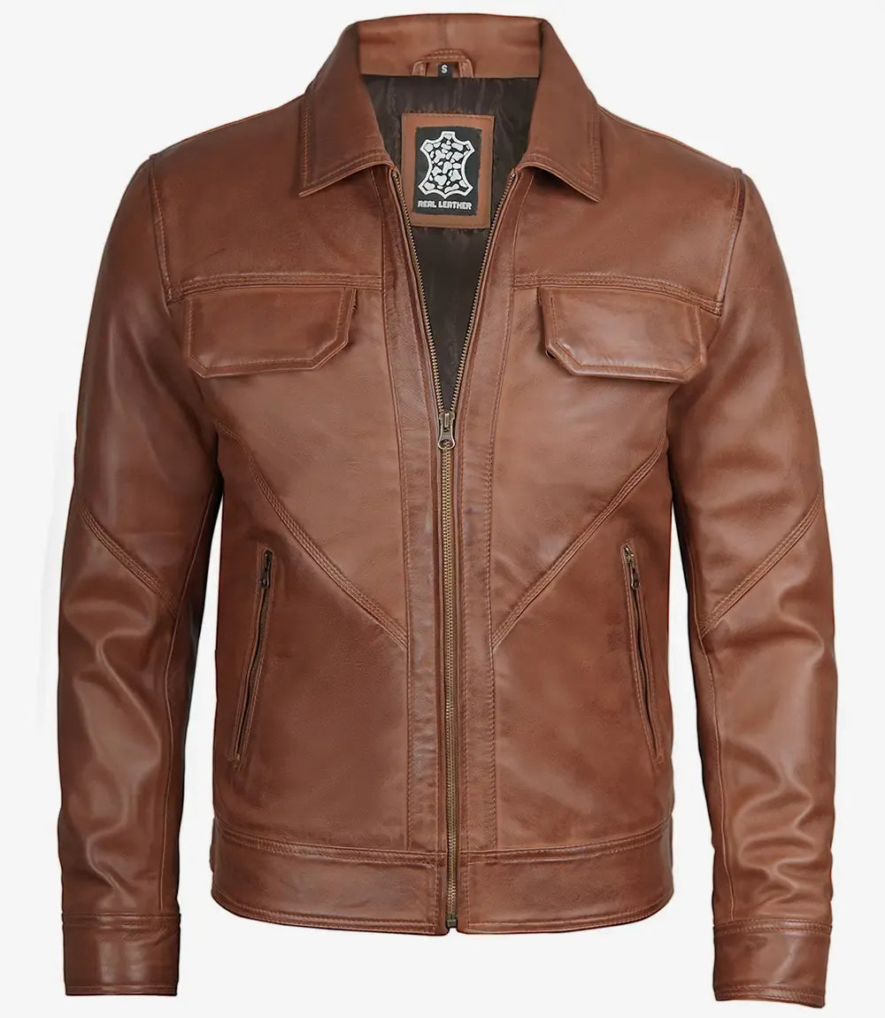 Men's Classic Shirt Collar Cognac Trucker Leather Jacket