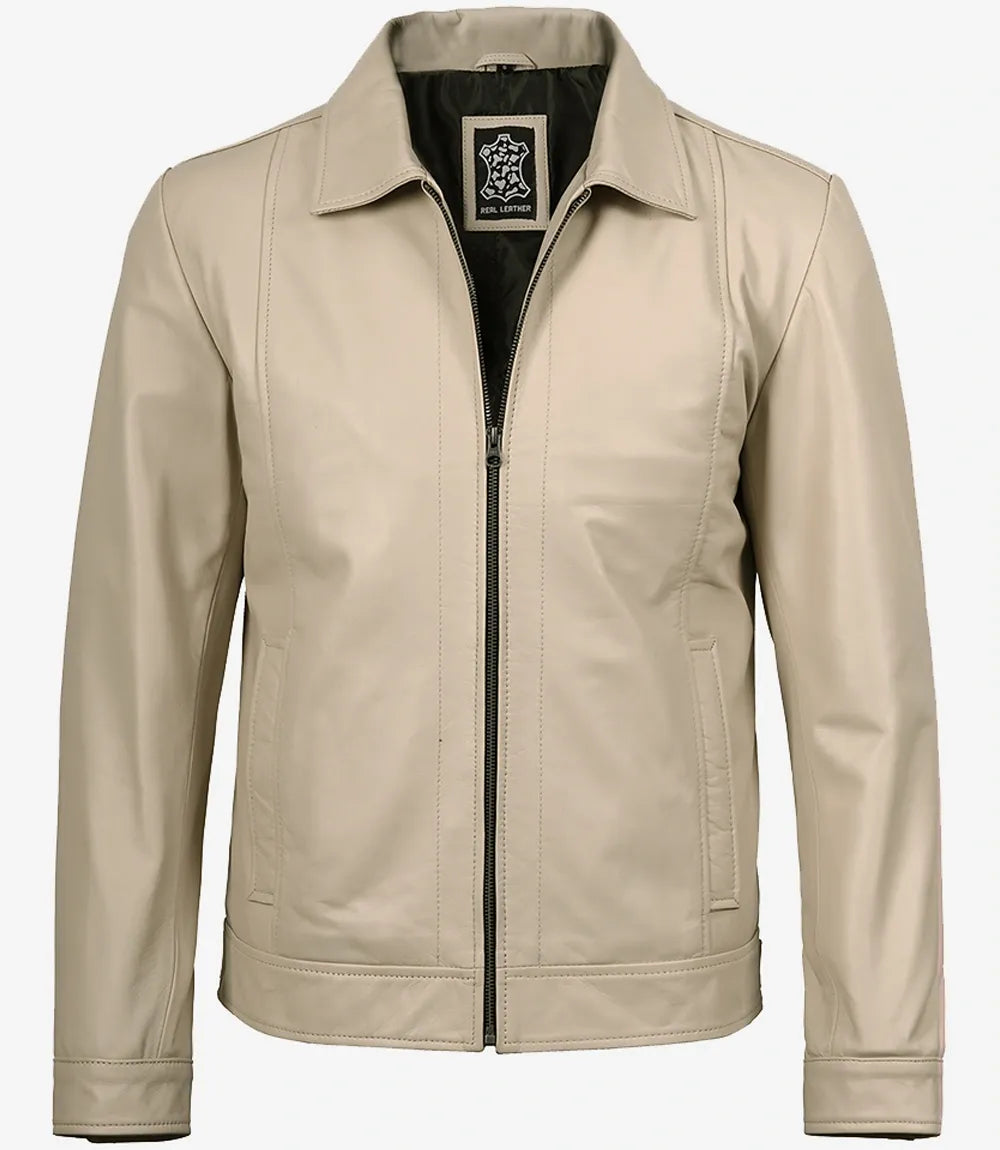 Mens Classic Shirt Collar Beige Harrington Leather Jacket