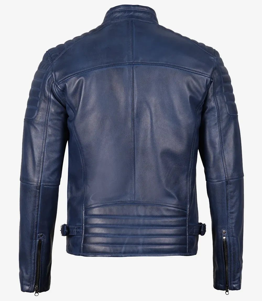 Mens Blue Waxed Biker Style Leather Jacket