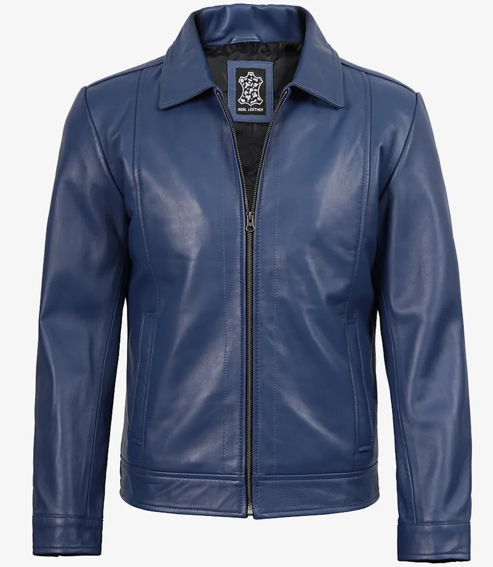 Men's Real Leather Blue Harrington Jacket
