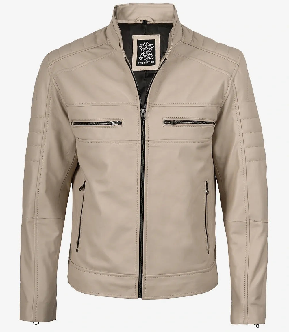 Mens Mandarin Collar Beige Leather Jacket - Biker Style