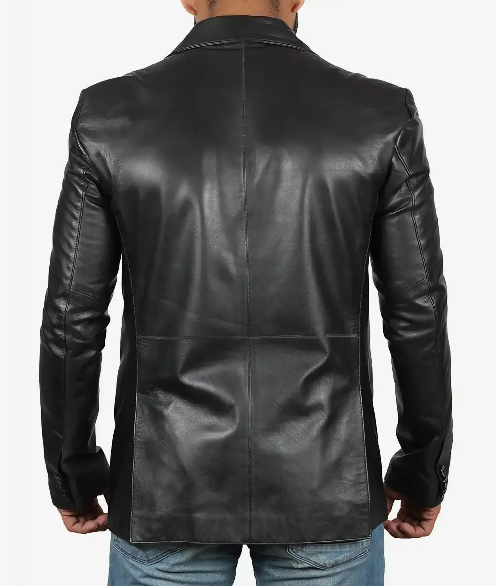 Mens Tall Two Button Black Leather Blazer