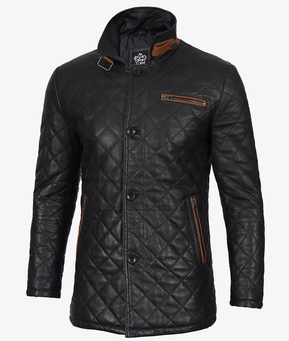 Men's Black Diamond Quilted Leather Car Coat With Brown Detailing