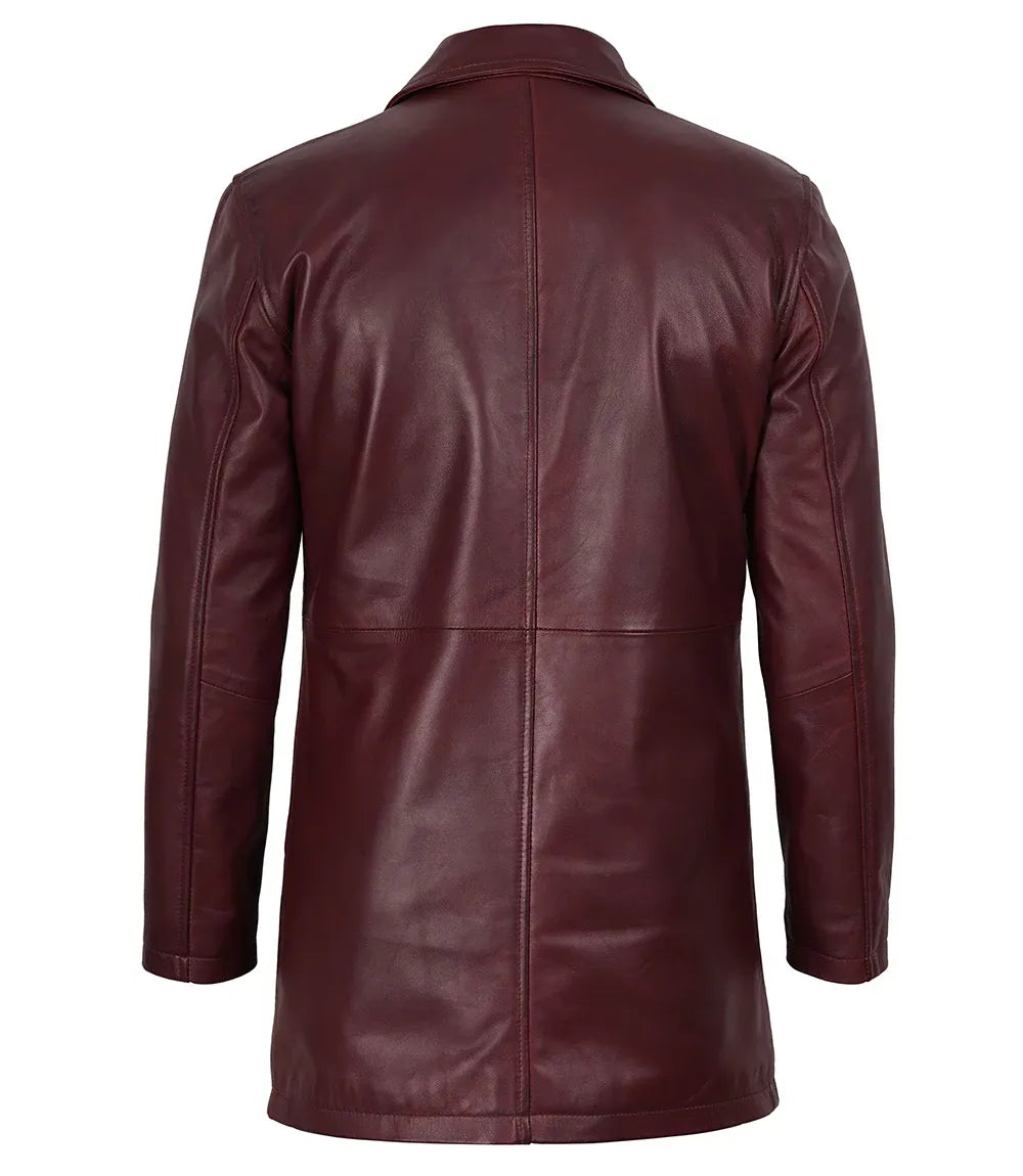 Men's Real Leather 3/4 Length Burgundy Coat