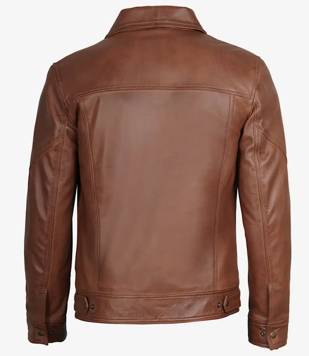 Men's Classic Shirt Collar Cognac Trucker Leather Jacket