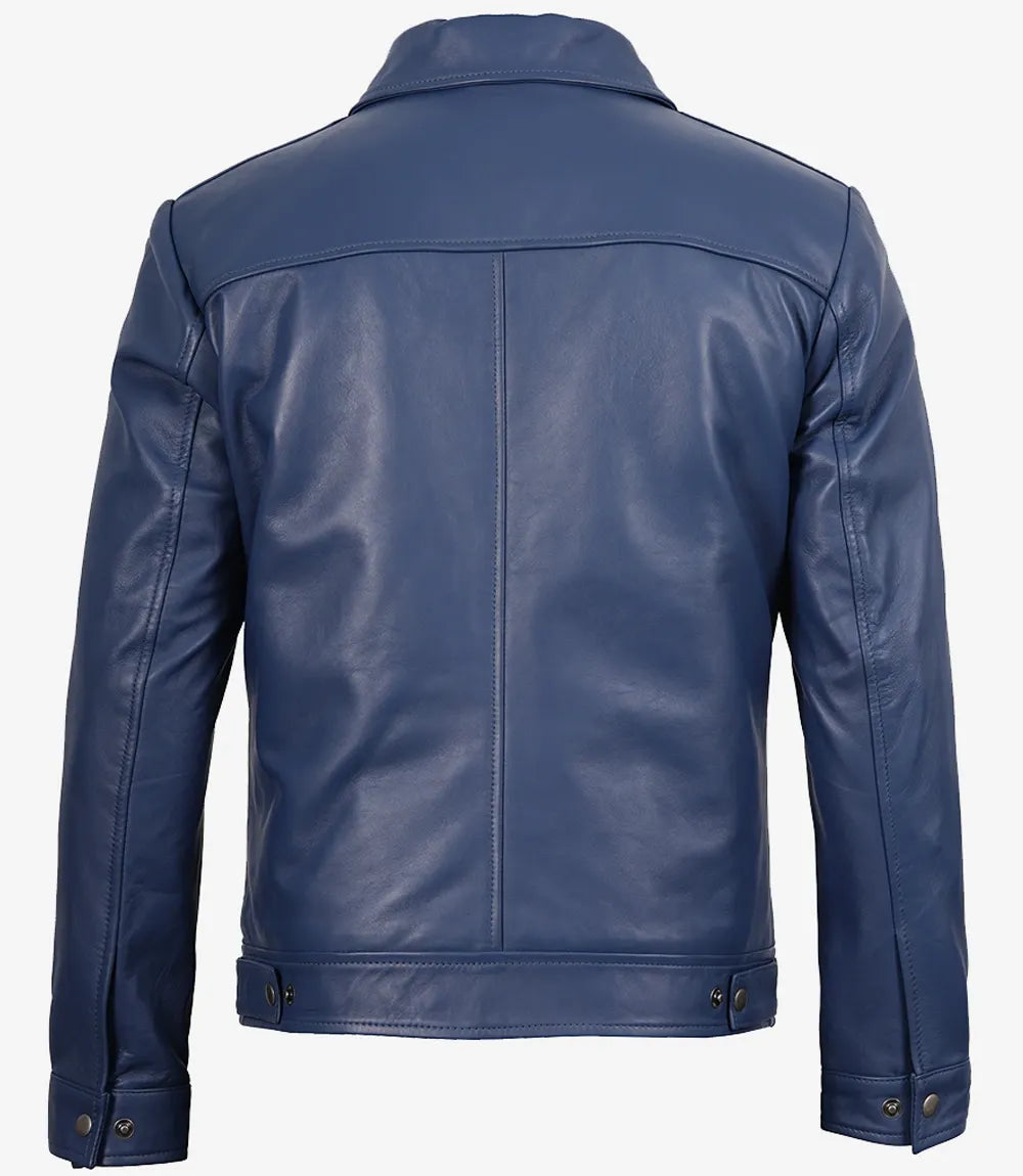Men's Real Leather Blue Harrington Jacket
