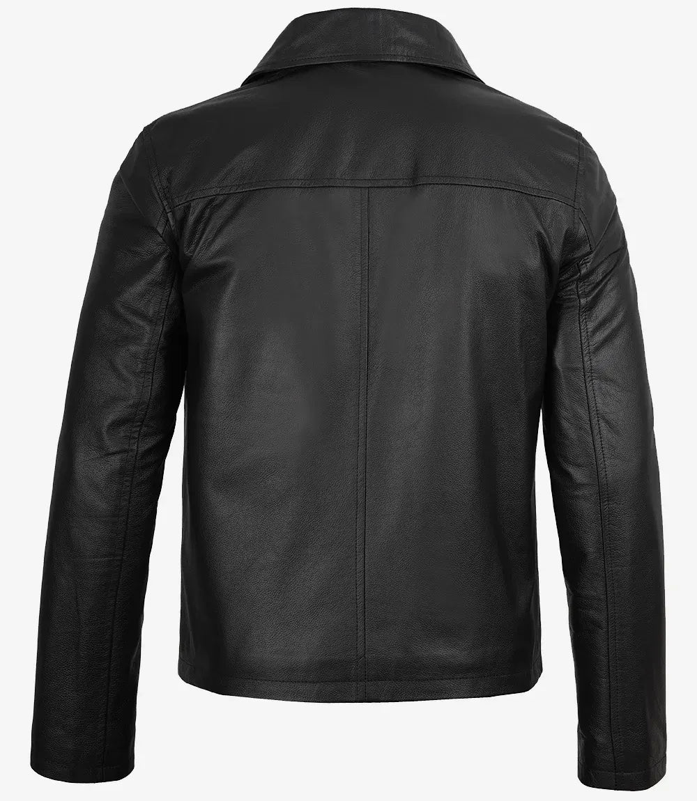 Mens Black Shirt Collar Cowhide Leather Jacket