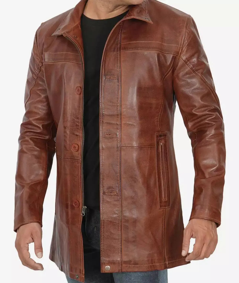 Men's Tall Cognac Waxed Leather Button Down Car Coat