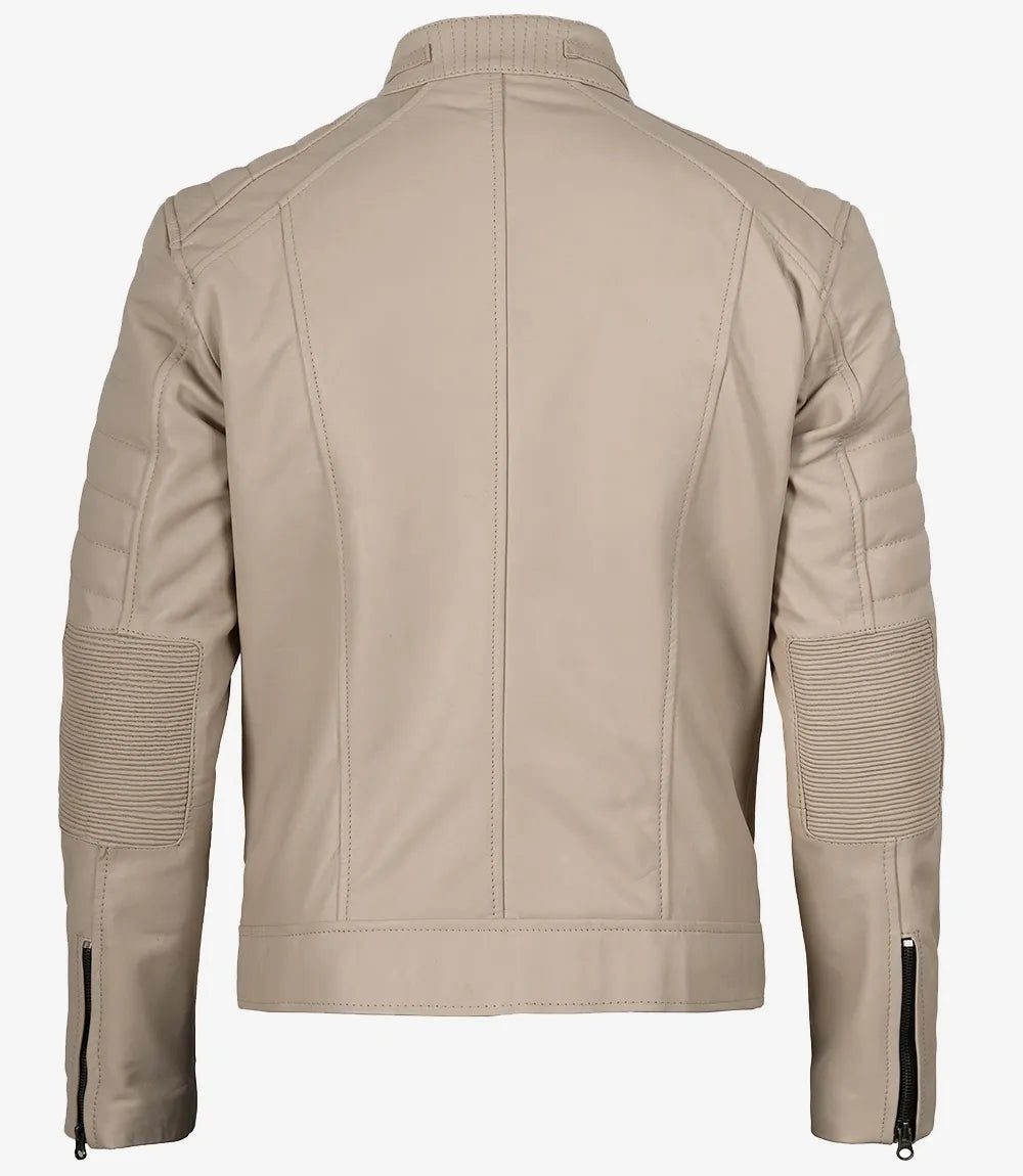 Mens Mandarin Collar Beige Leather Jacket - Biker Style