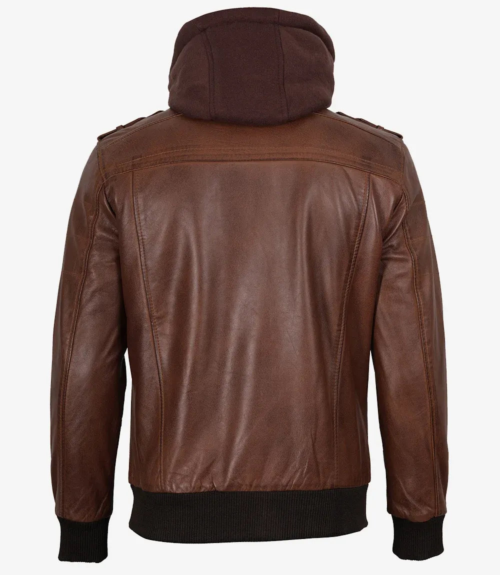 Mens Real Leather Cognac Bomber Jacket With Removable Hood