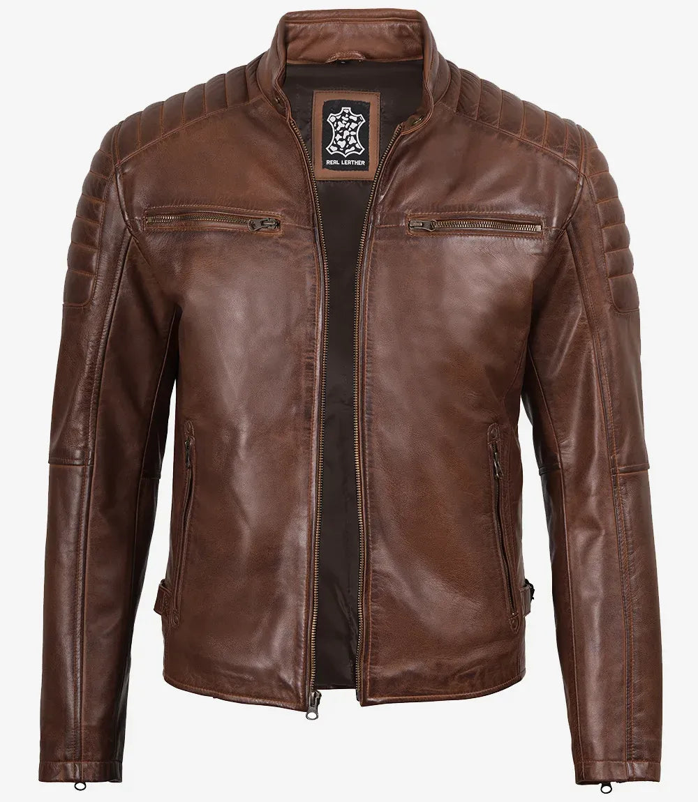 Mens Classic Shirt Collar Beige Harrington Leather Jacket