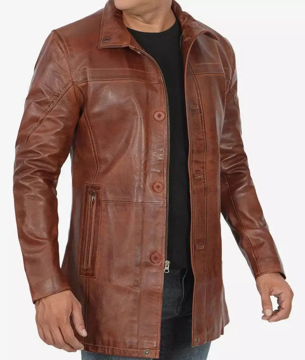 Men's Tall Cognac Waxed Leather Button Down Car Coat