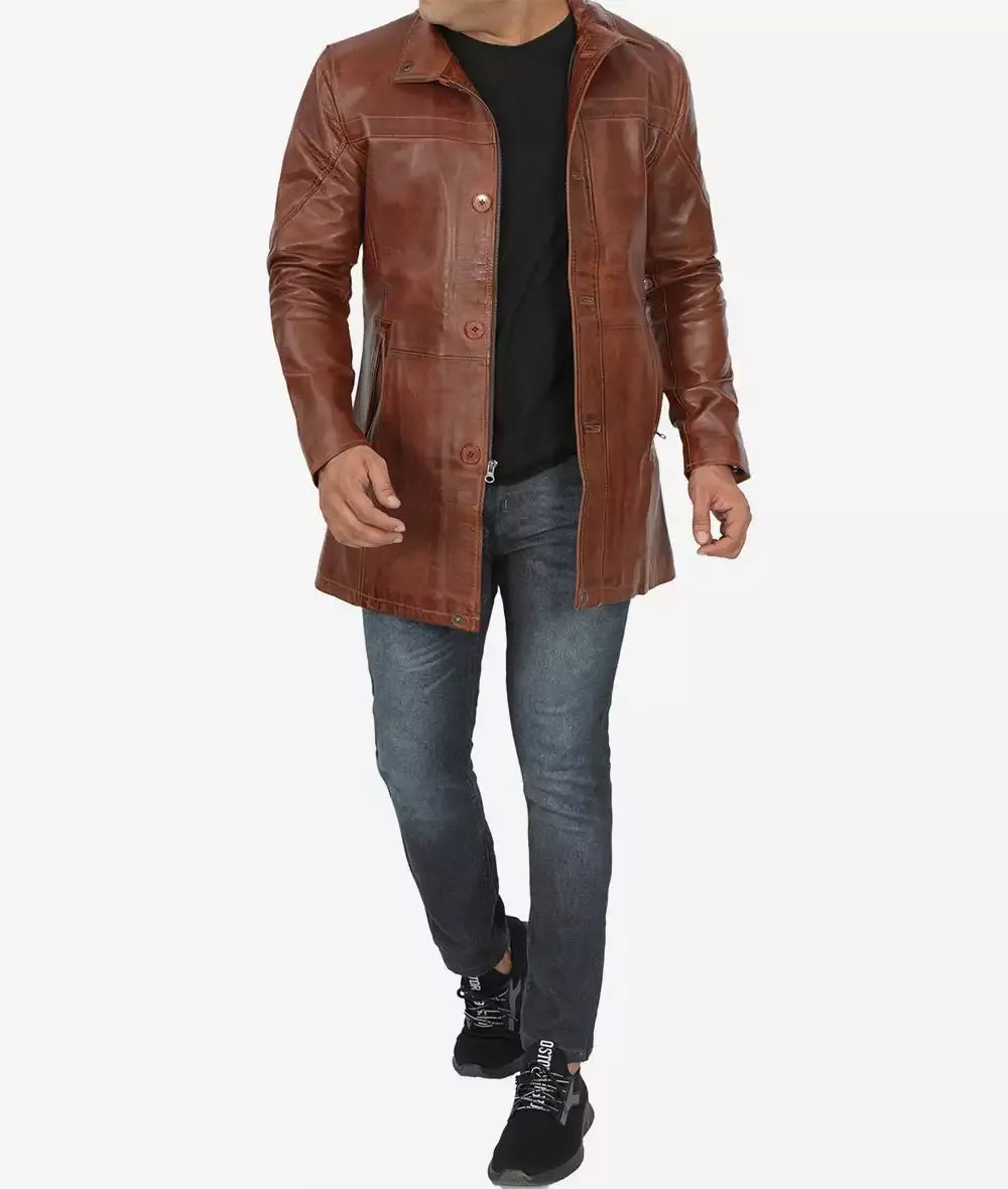Men's Tall Cognac Waxed Leather Button Down Car Coat