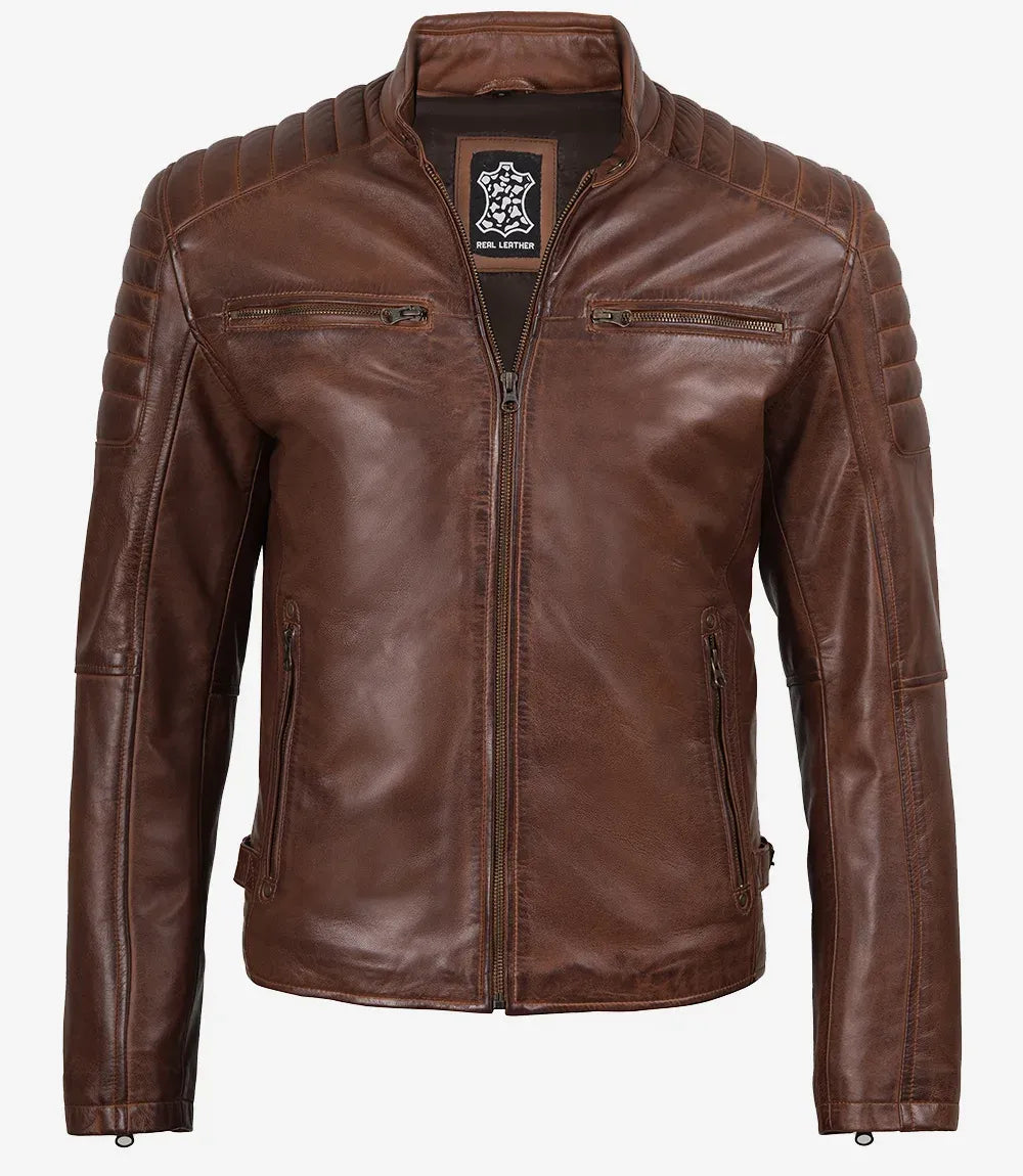 Mens Classic Shirt Collar Beige Harrington Leather Jacket