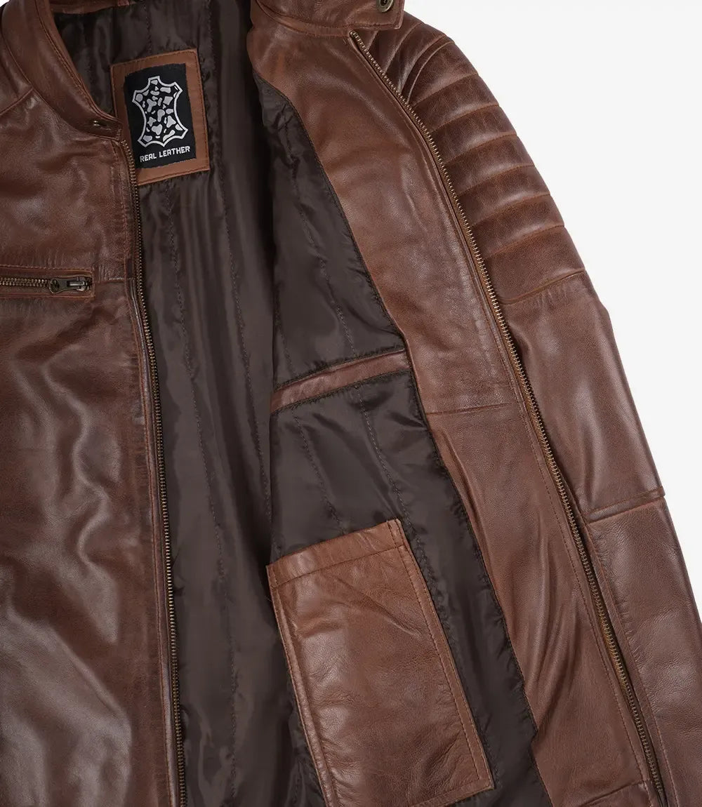Mens Classic Shirt Collar Beige Harrington Leather Jacket