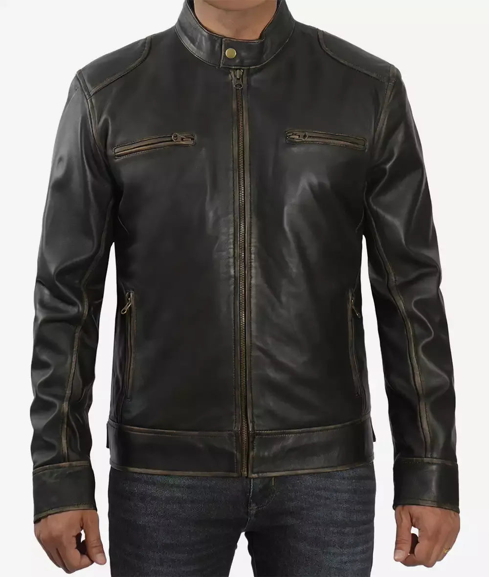 Men's Tall Distressed Brown Biker Style Leather Jacket