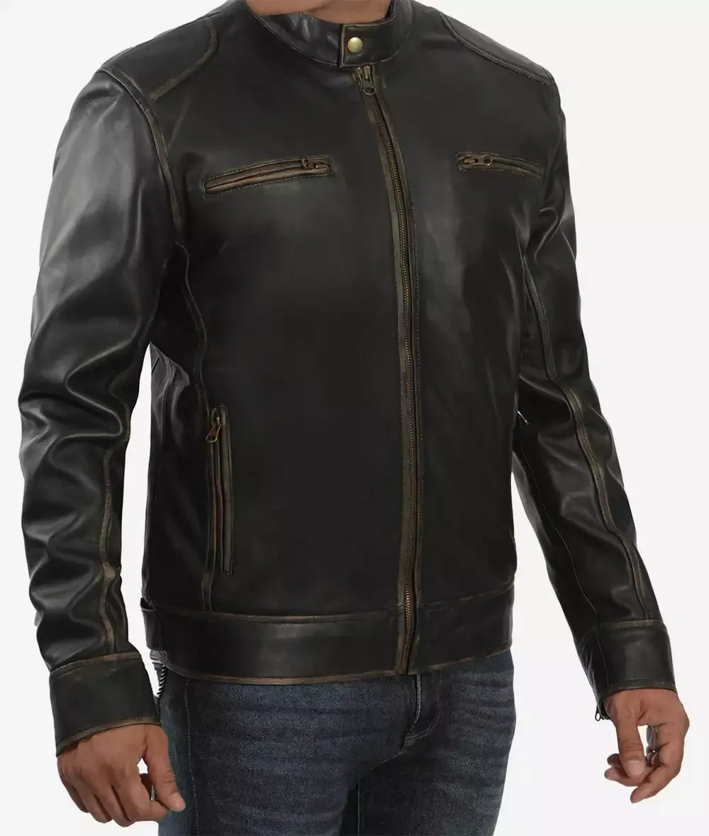 Men's Tall Distressed Brown Biker Style Leather Jacket